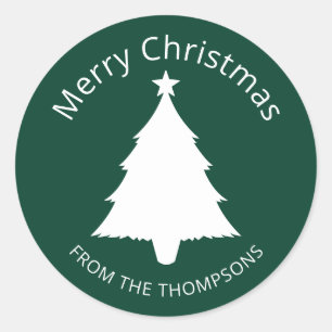 Sticker Rond Arbre de Noël minimaliste vert et blanc et texte