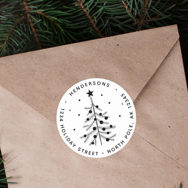 Sticker Rond Arbre de Noël noir et blanc Adresse de retour (Créateur téléchargé)