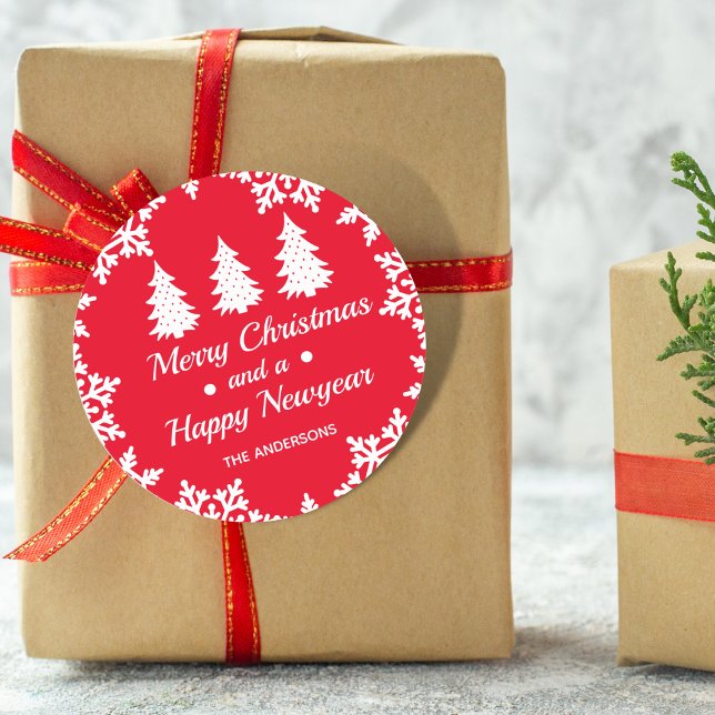 Sticker Rond Arbre de Noël Personnalisé Joyeux Noël Rouge (Créateur téléchargé)