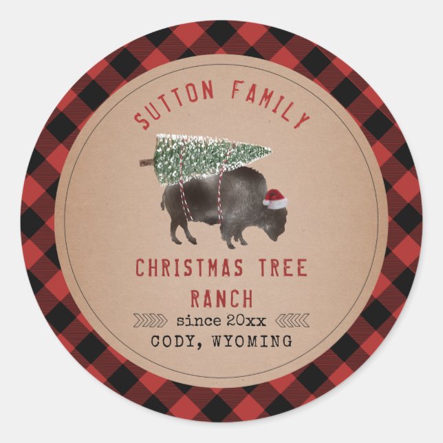 Sticker Rond Arbre de Noël Ranch Père Noël Buffalo Rustic Plaid (Devant)
