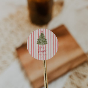 Sticker Rond Arbre de Noël Retro Merry & Bright Red Stripes