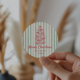 Sticker Rond Arbre de Noël Retro Rouge rose main tiré vaches