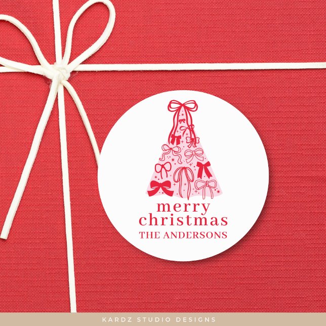 Sticker Rond Arbre de Noël rose bow moderne (Round sticker shown in 1.5 inches, choose size, glossy or matte finish, and personalize it.)