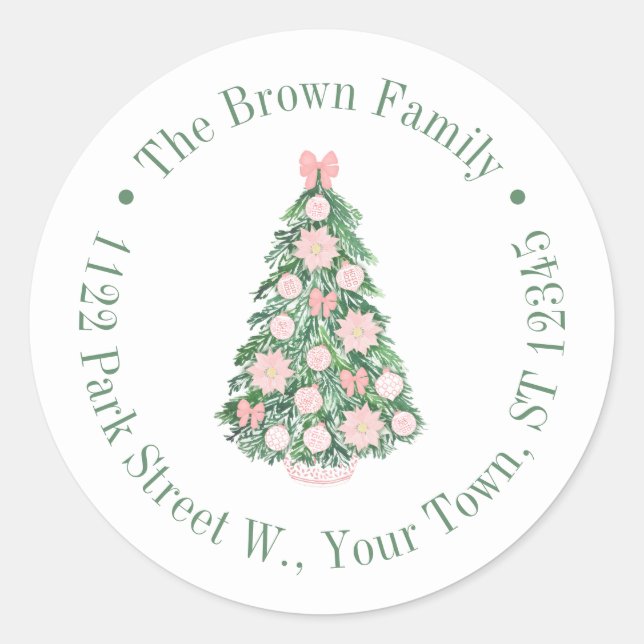 Sticker Rond Arbre de Noël rose Chinoiserie Adresse de retour (Devant)
