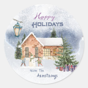 Sticker Rond Arbre de Noël Snowman Cadeaux Enfants Scène d'hive