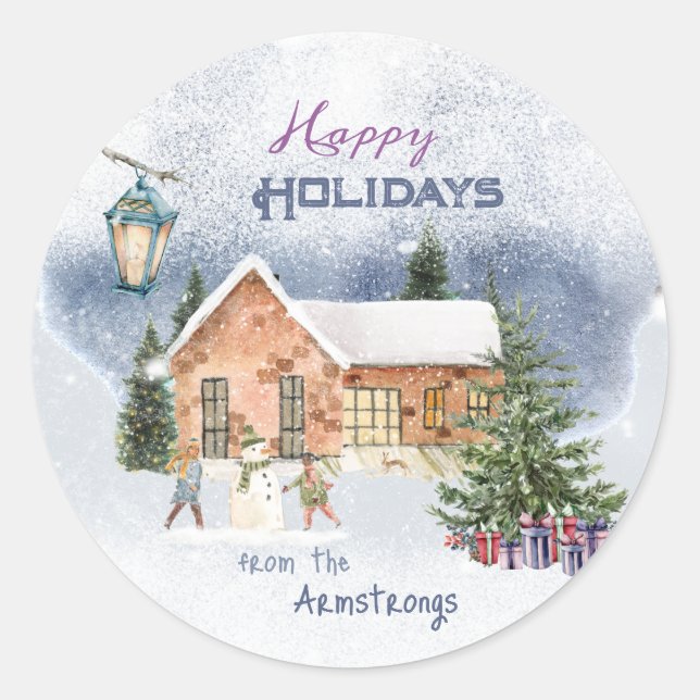 Sticker Rond Arbre de Noël Snowman Cadeaux Enfants Scène d'hive (Devant)