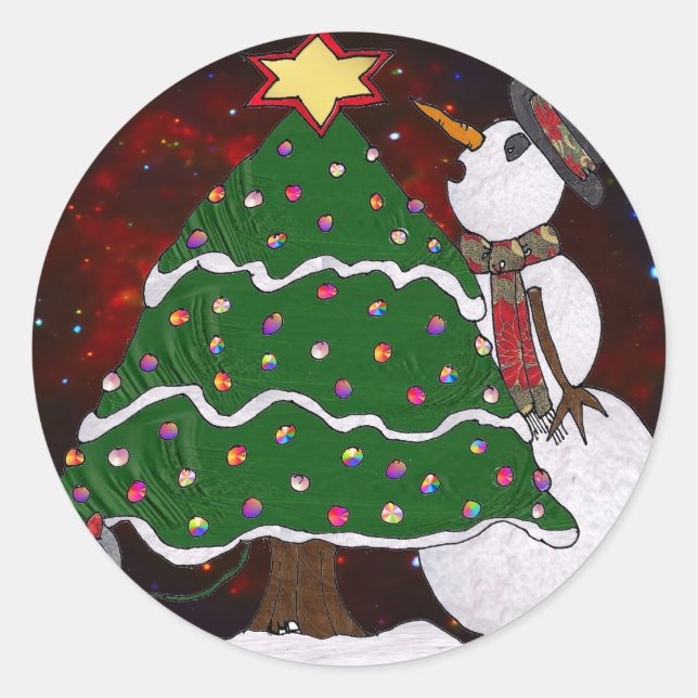 Sticker Rond Arbre de Noël Snowman Surprise Art Imprimer (Devant)