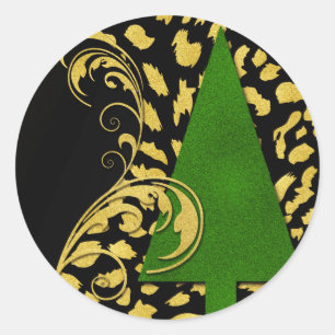 Sticker Rond Arbre de Noël vert avec perruques noires et or