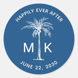 Sticker Rond Arbre de palmier élégant Monogramme Mariage Tropic