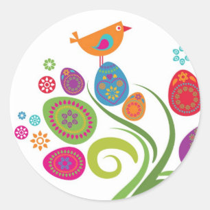 Sticker Rond Arbre de Pâques avec oeufs et fleurs colorés
