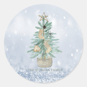 Sticker Rond Arbre de pin à l'aquarelle Joyeux Noël Flou bleu