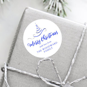 Sticker Rond Arbre de ruban bleu argent Joyeux Noël Script