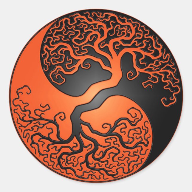 Sticker Rond Arbre de Yin Yang orange et noir (Devant)
