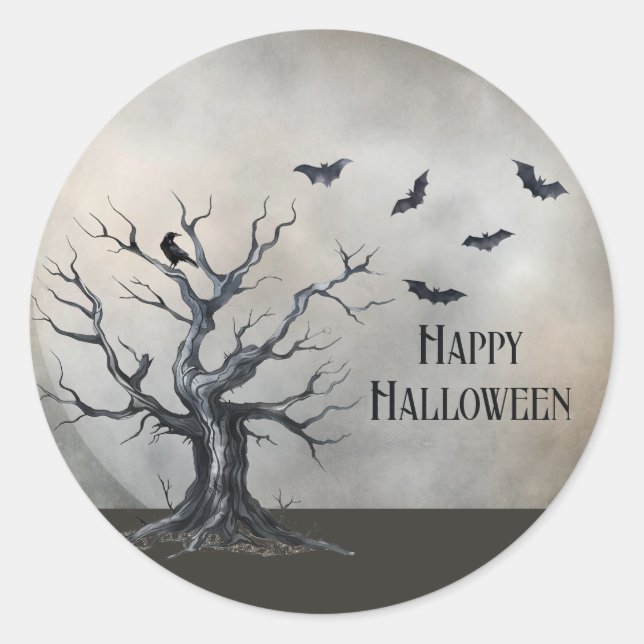 Sticker Rond Arbre d'Halloween éffrayant avec corbeau et chauve (Devant)