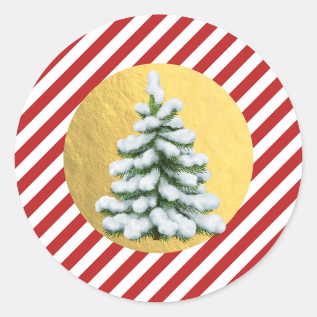 Sticker Rond Arbre neigeux Noël Red Stripes Gold Foil (Devant)