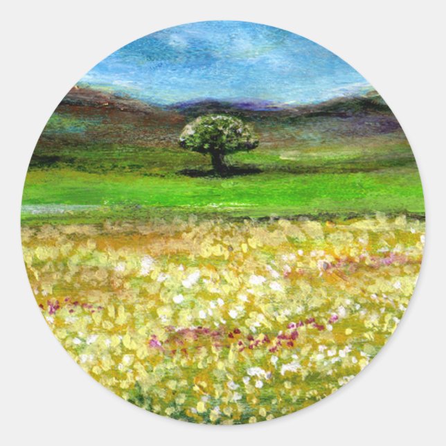 STICKER ROND ARBRE SOLITAIRE DANS LE CHAMP DE FLEURS JAUNES, TO (Devant)
