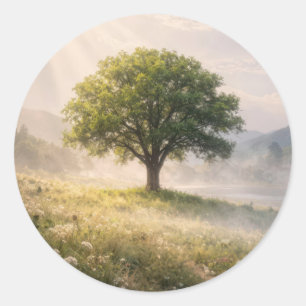 Sticker Rond Arbre vert solitaire dans la brume avec rayons de
