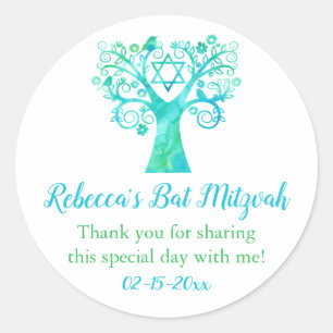 Sticker Rond Arbre vert turquoise d'aquarelle de bat mitzvah de