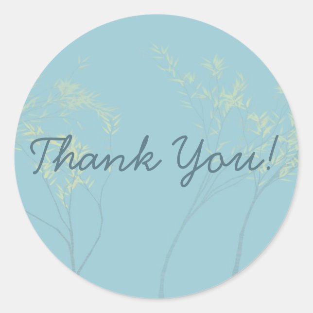 Sticker Rond Arbres bleus cireux avec Merci feuille jaune pâle (Devant)