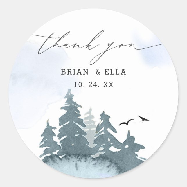 Sticker Rond Arbres de conifères Merci Mariage bleu (Devant)