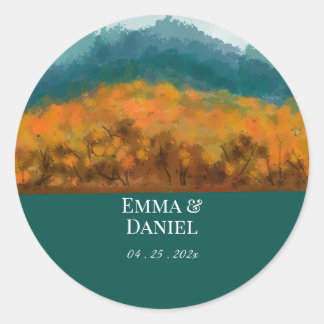 Sticker Rond Arbres de forêt automnale Montagne bleue Aquarelle