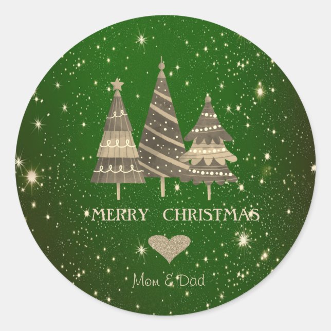 Sticker Rond Arbres de Noël bleus, Coeur d'or vert (Devant)