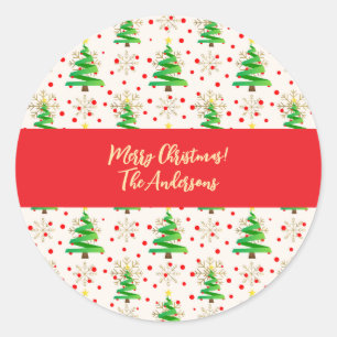 Sticker Rond Arbres de Noël et flocons d'or