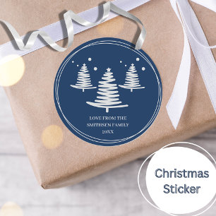 Sticker Rond Arbres de Noël minimalistes en argent bleu marine
