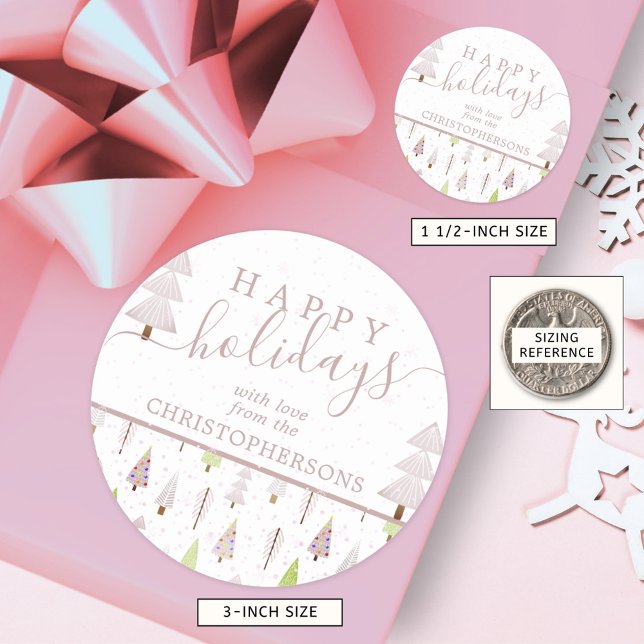 Sticker Rond Arbres de Noël modernes JEUX VACANCES Script rose (Créateur téléchargé)