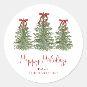 Sticker Rond Arbres de Noël Rubans Aquarelle Joyeuses Fêtes