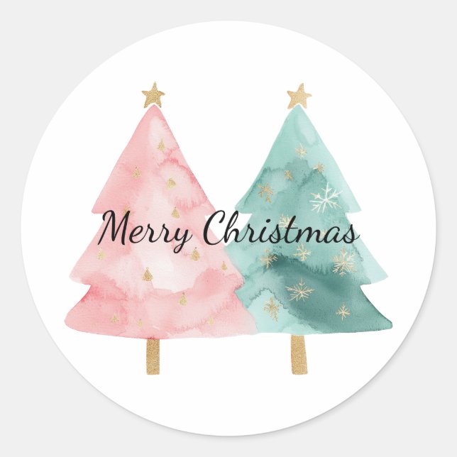 Sticker Rond Arbres de Noël verts roses (Devant)