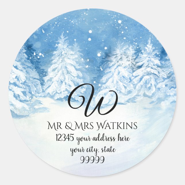 Sticker Rond Arbres hivernaux enneigés avec adresse de retour m (Devant)
