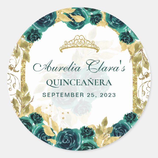 Sticker Rond Arc d'or Princess Floral Vert Quinceanera (Devant)