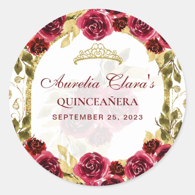 Sticker Rond Arc d'or princesse Florale Rouge Quinceanera (Devant)