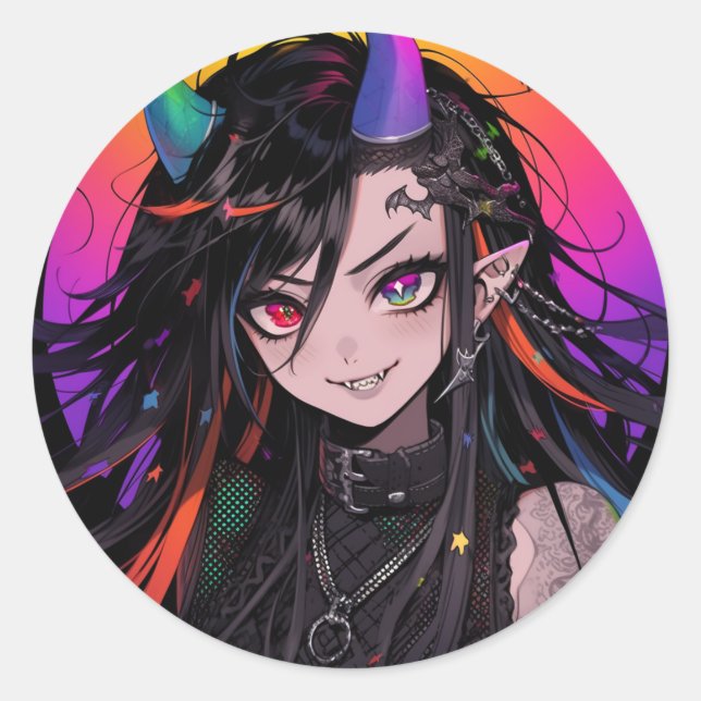 Sticker Rond Arc en arc-en-ciel Goth Punk Anime Girl (Devant)