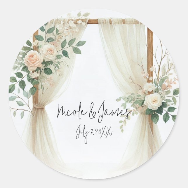 Sticker Rond Arc en bois floral verdure Rose Mariage rustique (Devant)