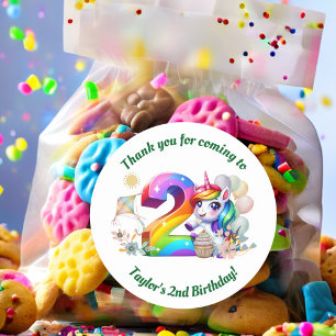 Sticker Rond Arc-en-ciel coloré et Unicorn 2e fête d'anniversai