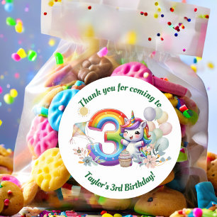 Sticker Rond Arc-en-ciel coloré et Unicorne 3e fête d'anniversa