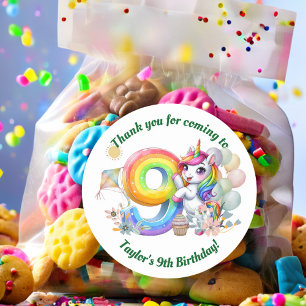 Sticker Rond Arc-en-ciel coloré et Unicorne 9e fête d'anniversa
