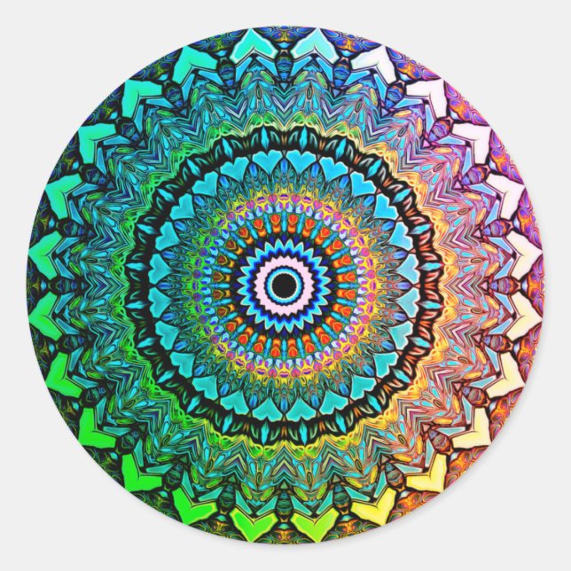 Sticker Rond Arc-en-ciel et coeurs amusants Mandala (Devant)