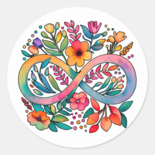 Sticker Rond Arc-en-ciel Infinité Aquarelle Fleurs Autisme