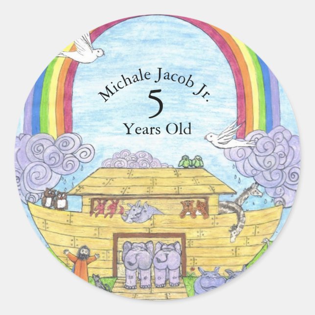 Sticker Rond Arche de Noah aquarelle arc-en-ciel amusant élépha (Devant)