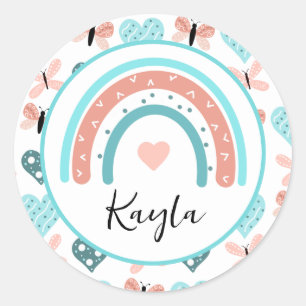 Sticker Rond Arcs-en-ciel rose et Turquoise, papillons et coeur