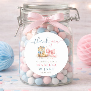 Sticker Rond Arcs et Bottes Annonce du Sexe de Bébé Remerciemen