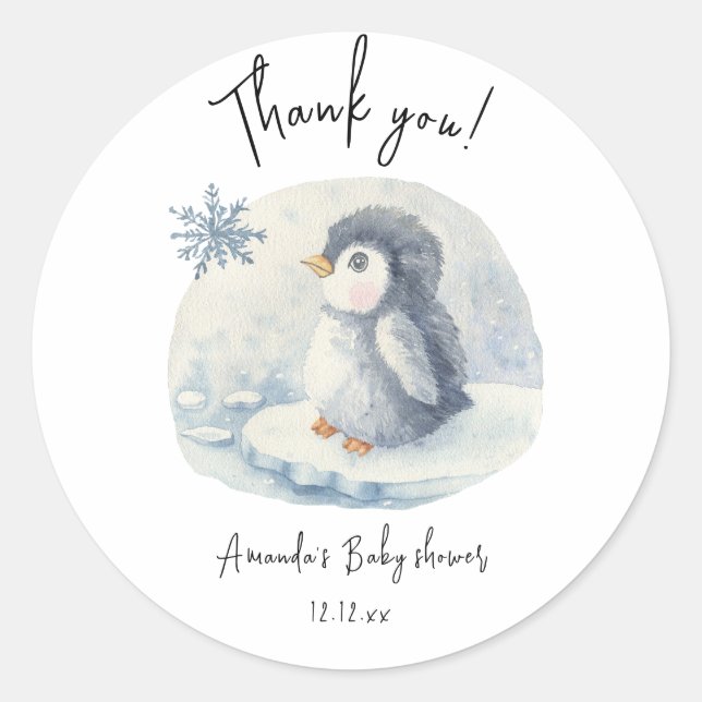 Sticker Rond Arctic mignon Penguin merci baby shower (Devant)