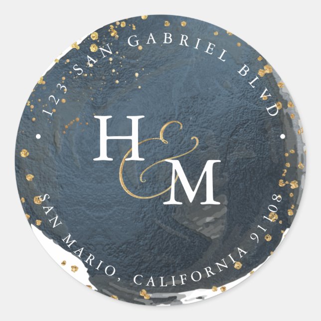 Sticker Rond Ardoise Bleu Faux Gold Script Ampersane (Devant)