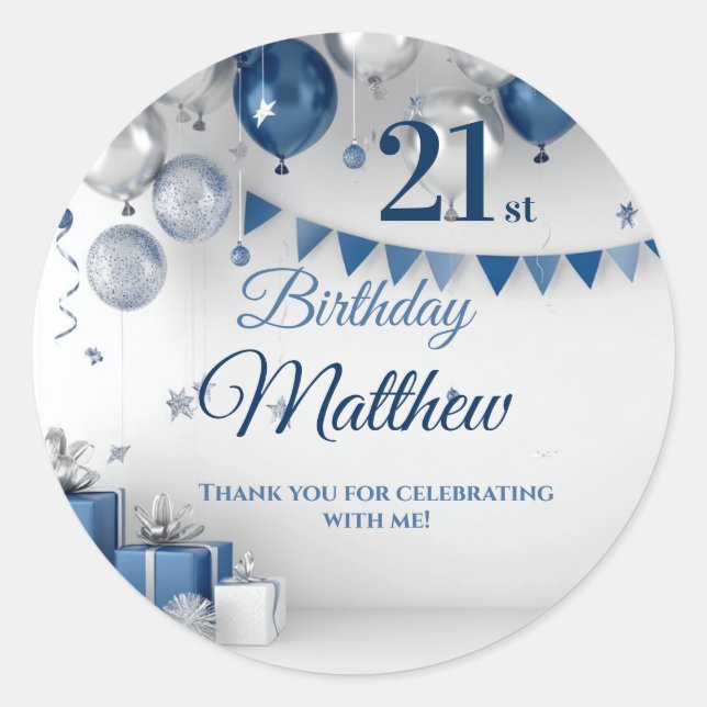 Sticker Rond Argent bleu 21e anniversaire (Devant)