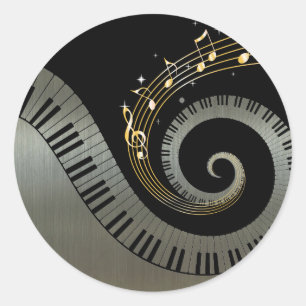 Sticker Rond Argent de clés de piano et de notes de musique