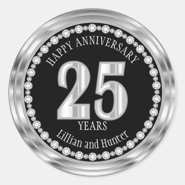 Sticker Rond Argent et noir - 25 ans avec diamants (Devant)
