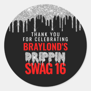 Sticker Rond Argent et Red Drippin Swag 16 Anniversaire